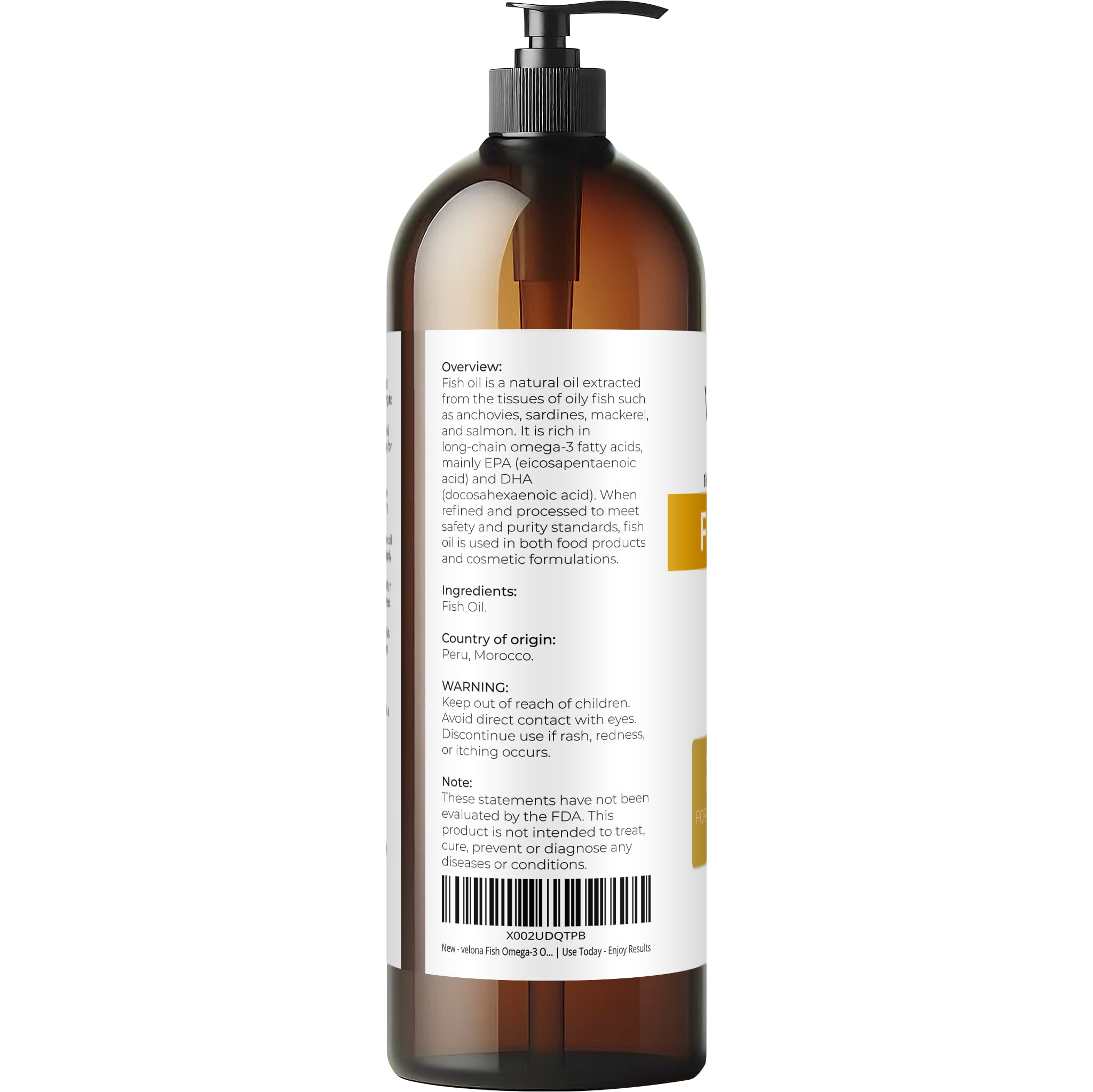 Fish Omega-3 Oil by Velona - 32 oz | 100% Pure and Natural Carrier Oil | Refined, Cold pressed | Vitamin E, D, Omega-3 | Cooking, Skin, Face, Body, Hair Care | Use Today - Enjoy Results