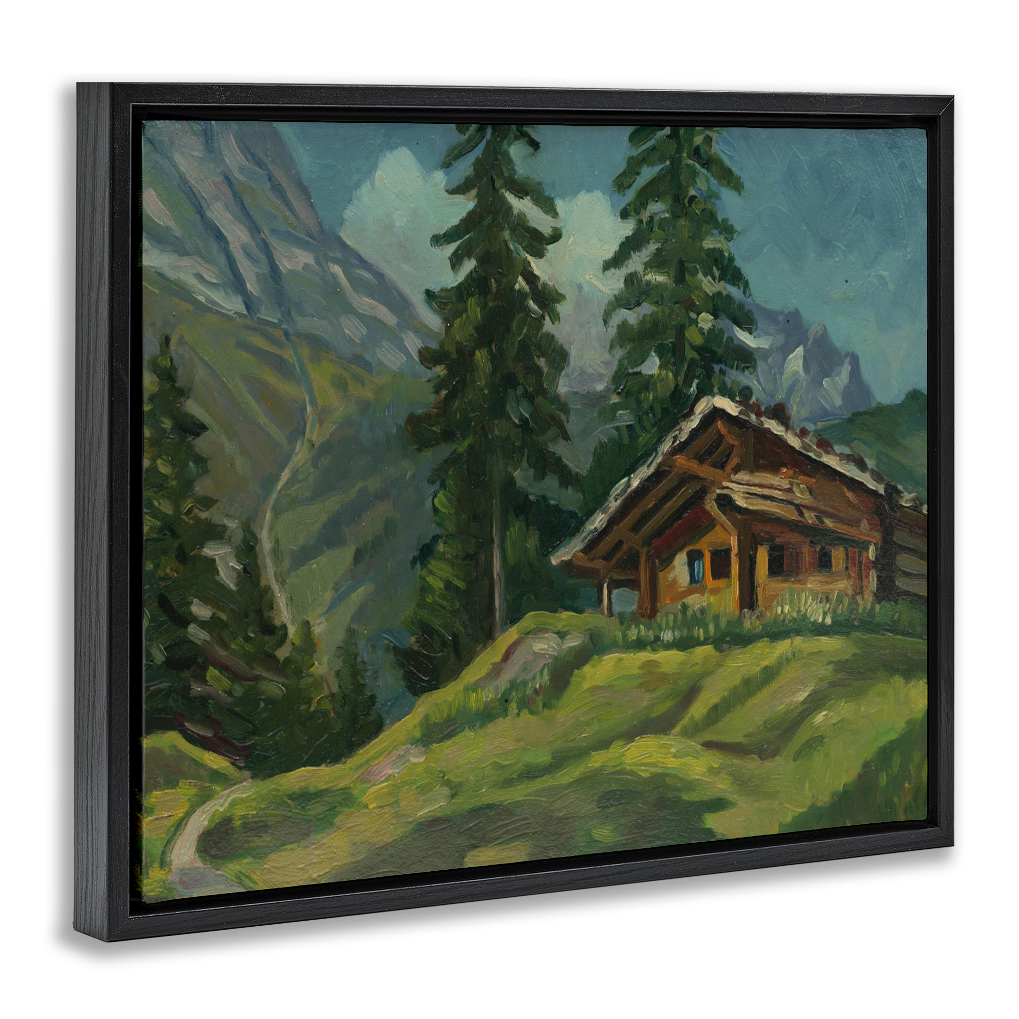 Cabin At Base Of Mountain Black Framed Floater Canvas Wall Art, design by Lettered and Lined