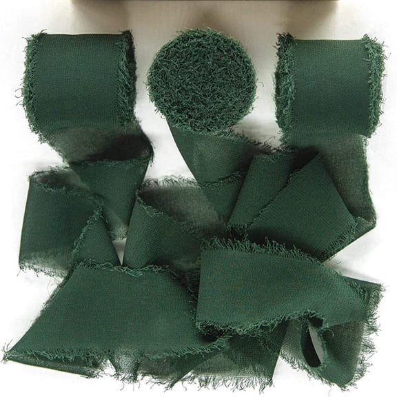 3 Rolls Dark Green Handmade Chiffon Ribbon Frayed Fringe Silk Ribbons for Gifts Wrapping Wedding Invitations Decorations(1.58in×5.47yd)