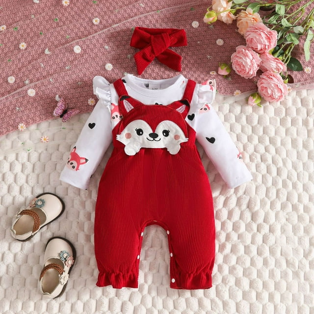 Stylish Toddler Girls Long Sleeve Romper Jumpsuit Set With Adorable Cartoon Print And Headband Accessory For Fall Winter Season