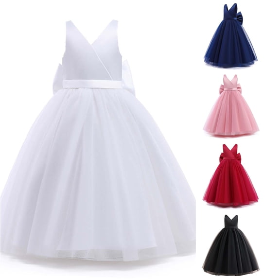 LIIPEE Girls Solid Color Long Dresses Kids Sleeveless V Neck Mesh Birthday Performance Wedding Dress With Cake Hem,7-9 Years