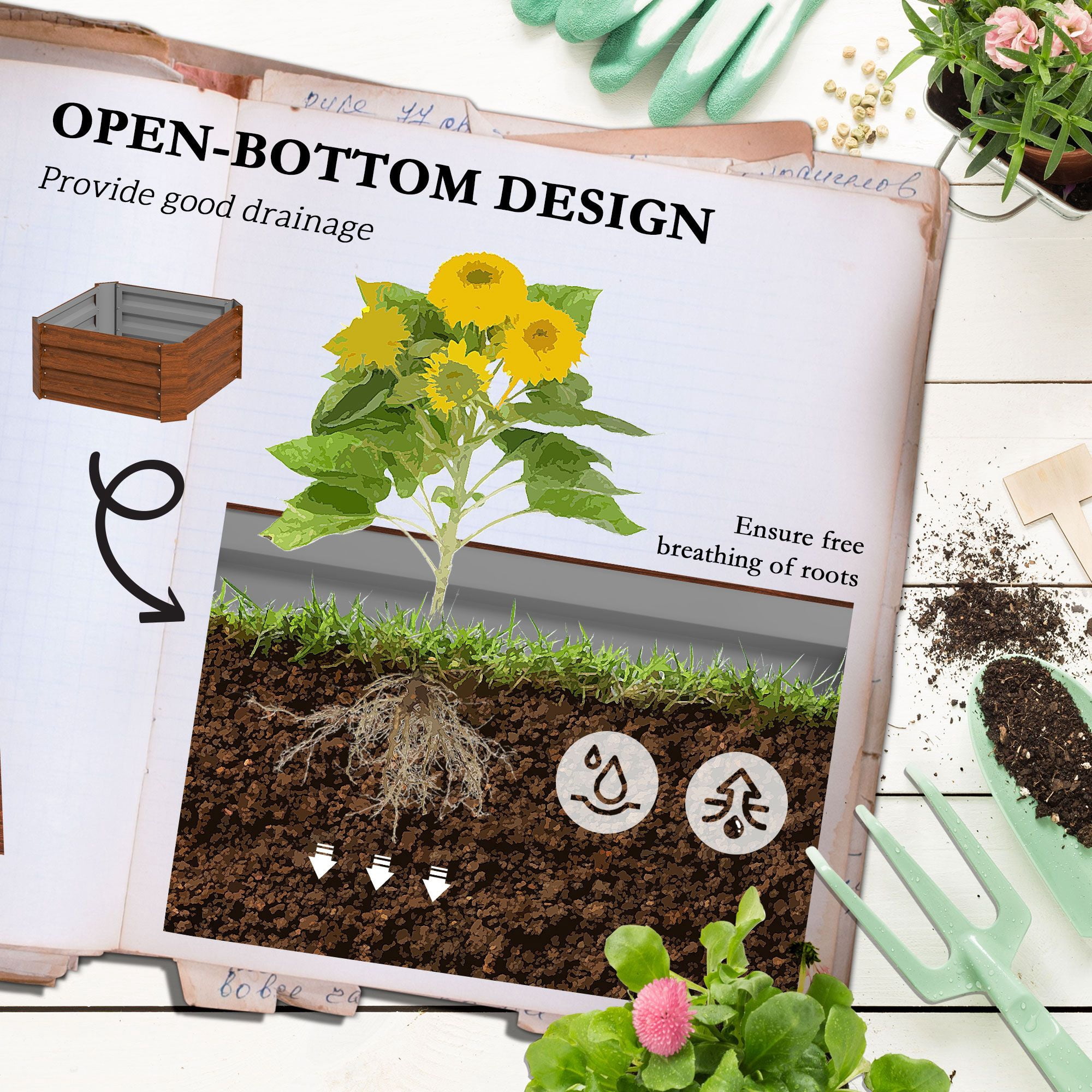 Outsunny Galvanized Steel Raised Garden Bed with Adjustable Tomato Trellis Cage, 24" x 24" x 73.5" Brown Metal Planter for Vegetables and Climbing Vines in Backyard or Patio
