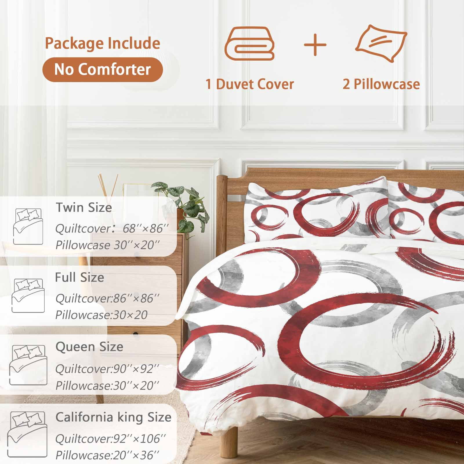Red Grey Bedding 3 Piece Duvet Cover Set Queen Size, Geometric Circle Modern Abstract Simple Art Soft Microfiber Comforter Cover with Zipper Closure & Pillowcases, Wrinkle & FadeResistant Quilt Cover