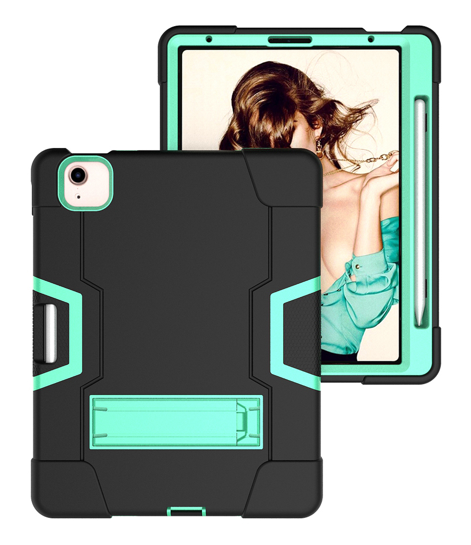 Allytech iPad Air 5 Case 2022, iPad Air 4 Case 2020, Heavy Duty Protection Shockproof Build In Kickstand Pencil Holder Kids Friendly Case for Apple iPad Air 5th 4th Generation, BlackBlack/Aqua