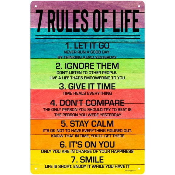 Motivate Sign 7 Rules Of Life Sign Inspirational And Uplifting Wall Art Decorationch Size: 8 x 12 inch