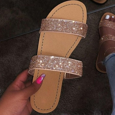 

Hvyes Women s Rhinestone Slide Sandals Open Toe Two Strap Slip On Flat Sandals Casual Summer Boho Beach Oceanside Holiday Outdoor Shoes
