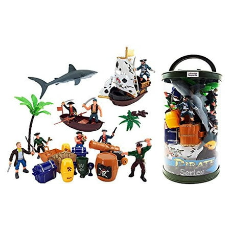 Bucket of Pirate Action Figures Playset with Boat Treasure Chest Cannons Shark Pirate Ship and More!
