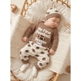 thumbnail image 6 of Loicainy Infant Baby Boy Fall Outfits 3 6 12 18 Months Football Letter Embroidered Long Sleeve Romper Pants and Knot Hat 3 Piece Clothes Set, 6 of 8