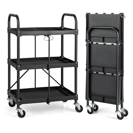 Folding Utility Cart with Wheels - Heavy Duty 3 Tier Metal Rolling Cart - Collapsible Tool Cart for Garage, Home, Office, 18lbs