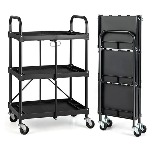 Folding Utility Cart with Wheels - Heavy Duty 3 Tier Metal Rolling Cart - Collapsible Tool Cart for Garage, Home, Office, 18lbs
