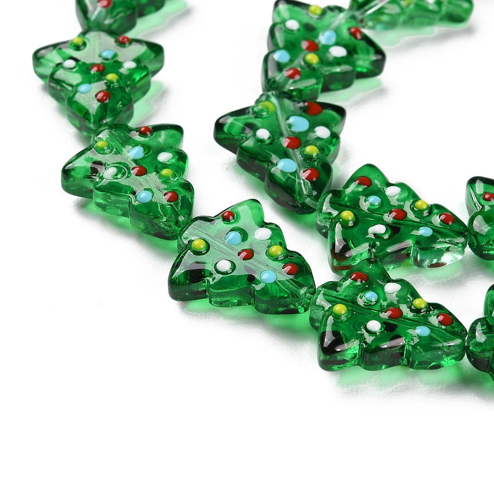 Handmade Bumpy Glass Beads Strands Hand Drawn Beads Dyed Heated Dyed Heated with Enamel Christmas Trees Green 16~16.5x14.5~15x7~7.5mm
