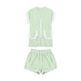 thumbnail image 4 of Likimi 2 Piece Sets For Women With Tassels Shorts Sleeve V Neck Solid Color Pocket Top With High Waist Shorts Summer Breathable Soft Outfit Set Light Green Size M, 4 of 5
