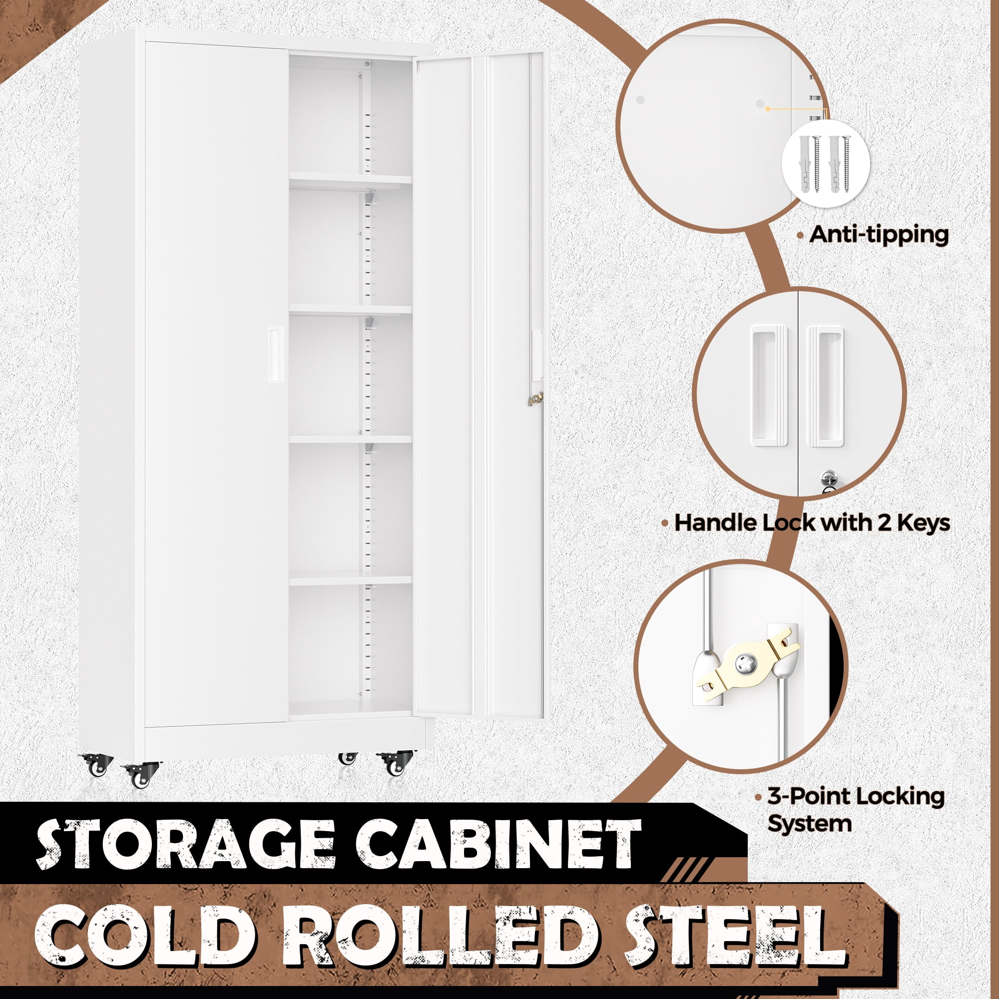 SUNCROWN Metal Garage Cabinets with Wheels,74" Rolling Storage Cabinet  and Shelves, Tall Tool Cabinet with Locking Doors for Garage,Home Office,Warehouse(White)