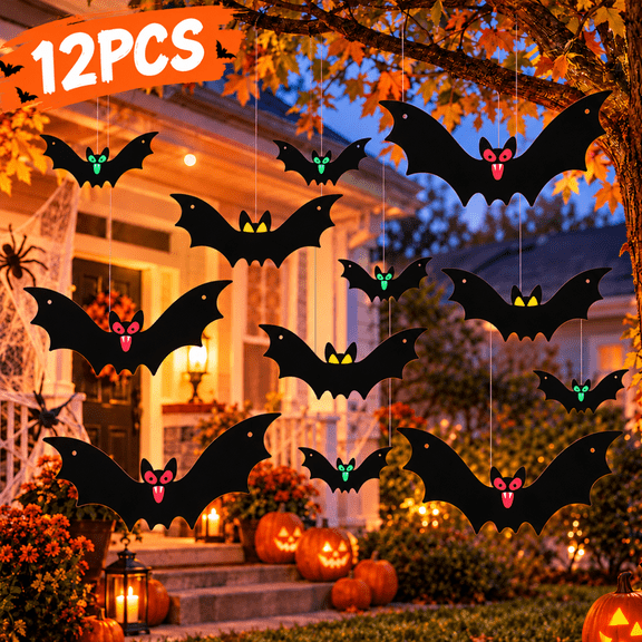 Halloween Hanging Bats,3 Different Sizes with Cute Eye Stickers for Halloween Yard Outdoor Decoration,12 Pcs