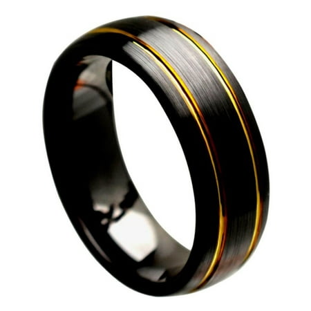8 Mm Ceramic Ring - 8mm Ceramic Brushed Finish with Yellow Gold Plated Grooves Wedding Band Ring For Men Or Ladies