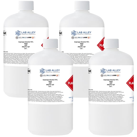 Lab Alley Isopropyl Alcohol 70% USP Grade, Ideal for First Aid and Home Cleaning, Halal - 1 Gallon Total (Pack of 4 x 1 Quart Bottles)