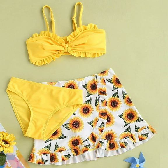 3 Piece Swimsuit with Cover Up Skirt for Girls 6-14 Years Sunflower Print Kids Summer Bathing Suits Bikini Set (13 Years, Yellow)