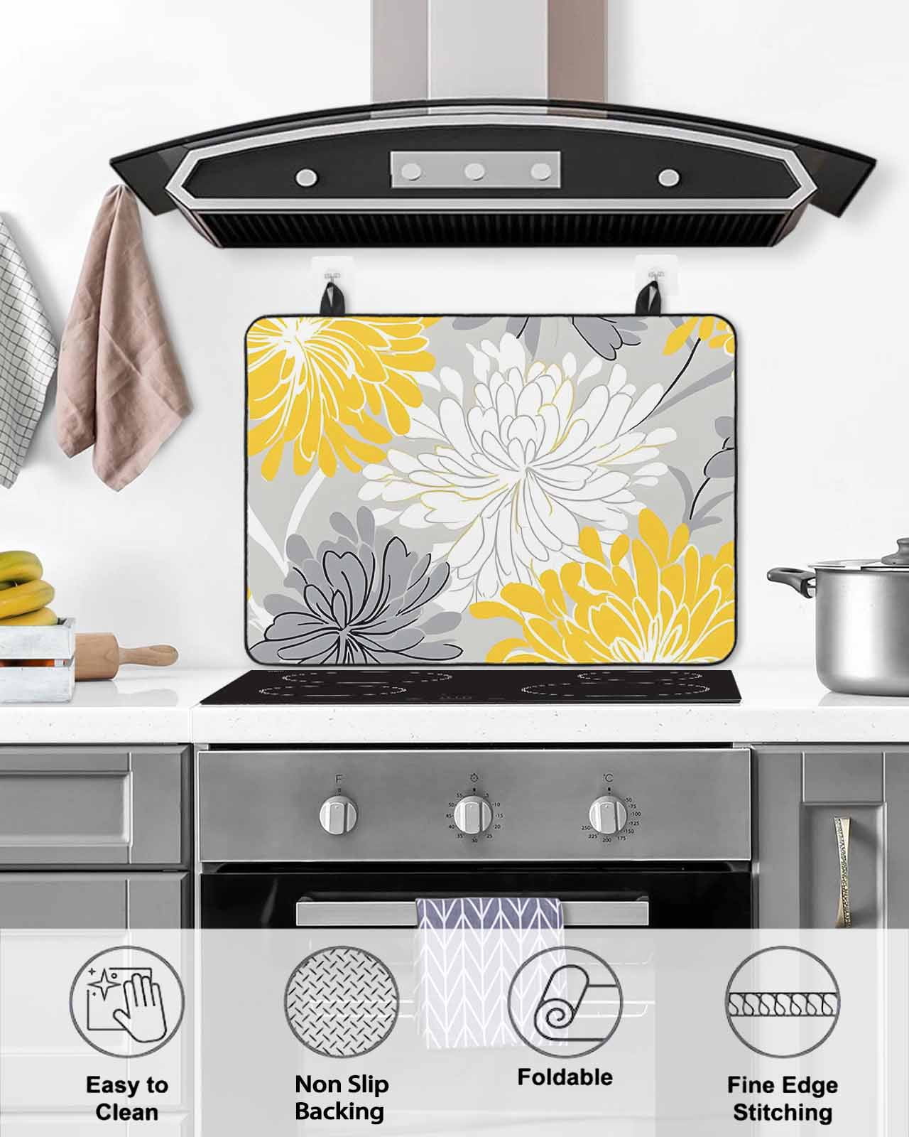 nqOlkjepod Large Induction Cooktop Protector Mat 24"x21", Yellow Flowers Stove Top Covers for Electric Stove, Retro Country Pastoral Garden Florals Stove Burner Cover Mats, Glass Top Stove Cover