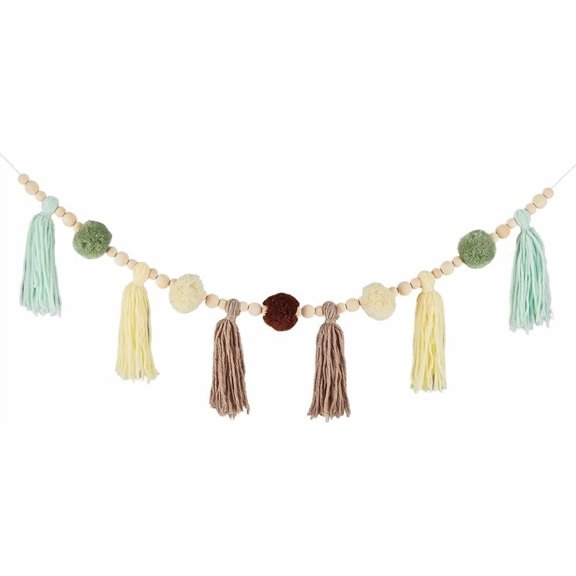 Wood Beads Cotton Garland with Tassel 1.28Ms Yellow Green Brown Tassels Round Pom Pom Tassel Garland Wall Hanging Garland Banner Party Decor for Classroom Bedroom Nursery Home Decoration