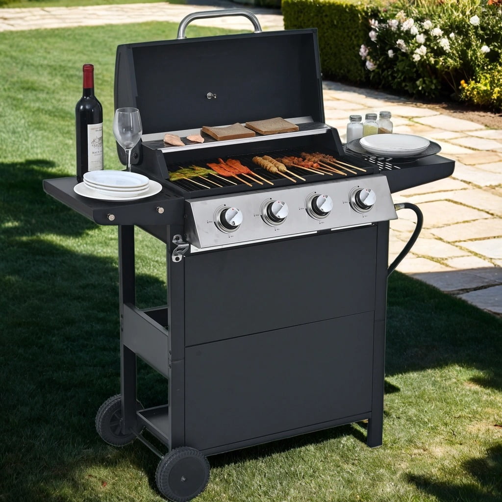 HighSound 4 Burner Propane Gas Grill, 34200 BTU Stainless Steel Patio Garden Barbecue Grill with Two Foldable Shelves, Black