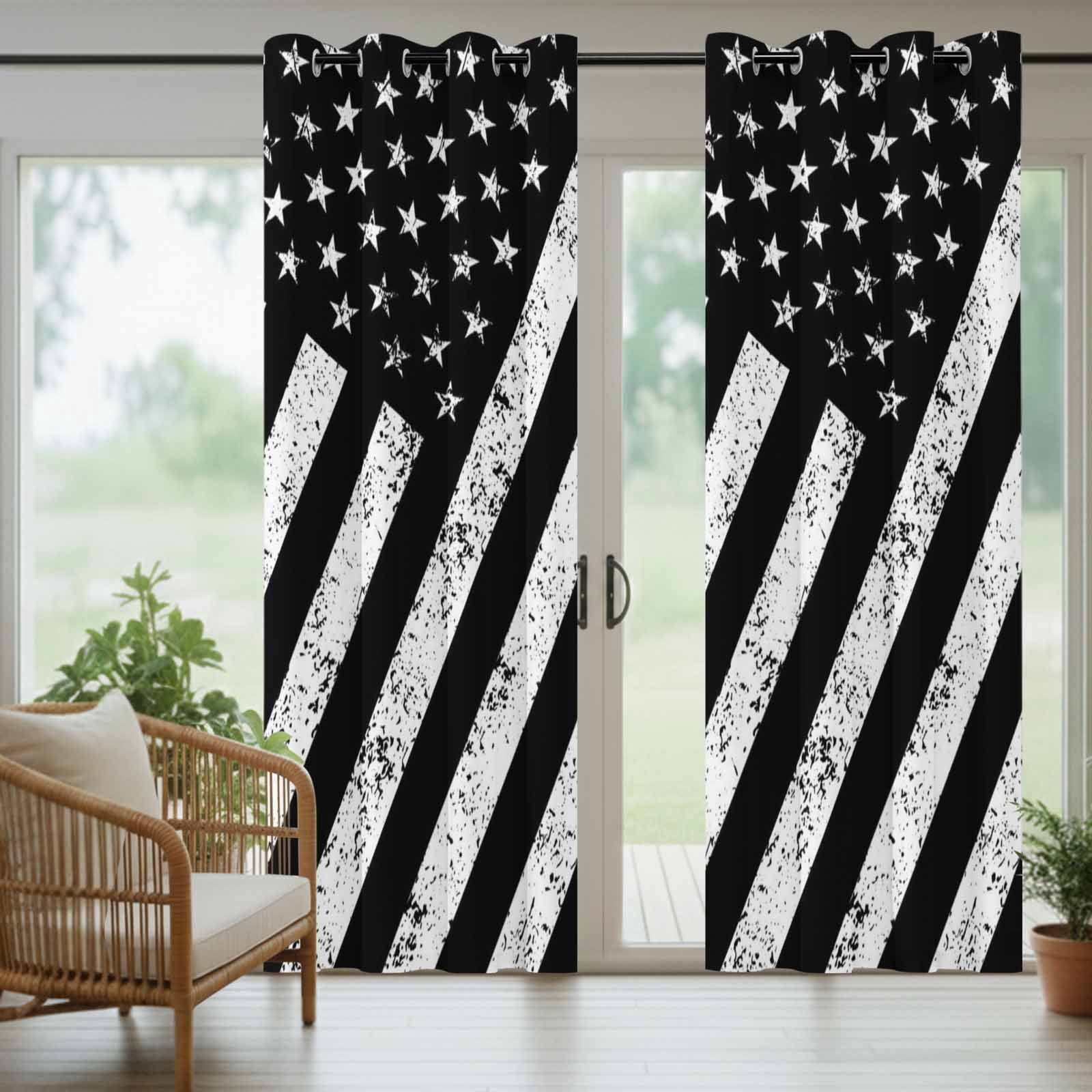 Independence Day Outdoor Curtains for Patio, Vintage Distressed Black and White American Flag Sunshade Privacy Drapes Grommet Waterproof Outside Curtains for Porch/Cabana/Balcony 54"x 108", 1 Panel