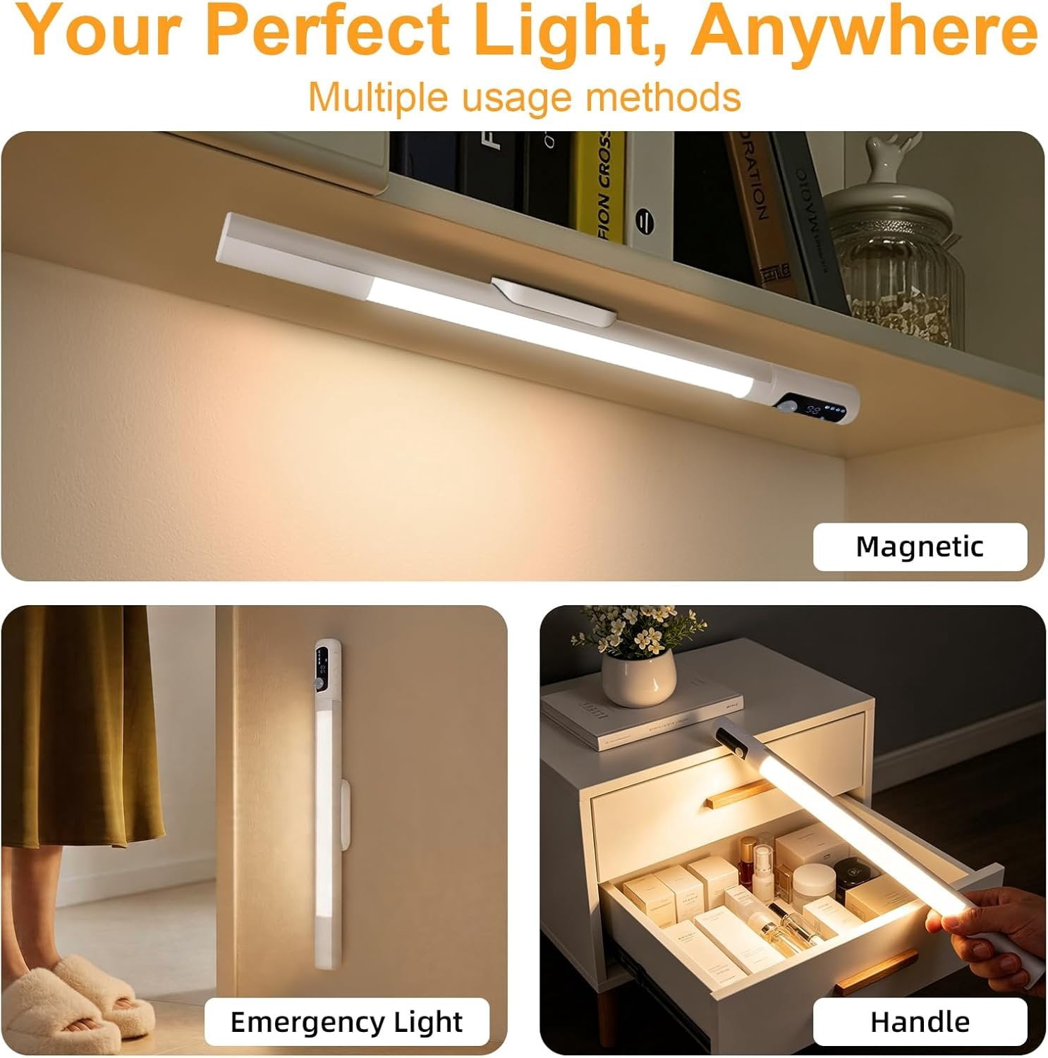 15.2" 2 Pack Motion Sensor Under Cabinet Lighting with Digital Display, 4 Brightness & 3 Color Temperatures, Rechargeable Led Under Cabinet Lights for Closet Cabinet Bedroom Hallway