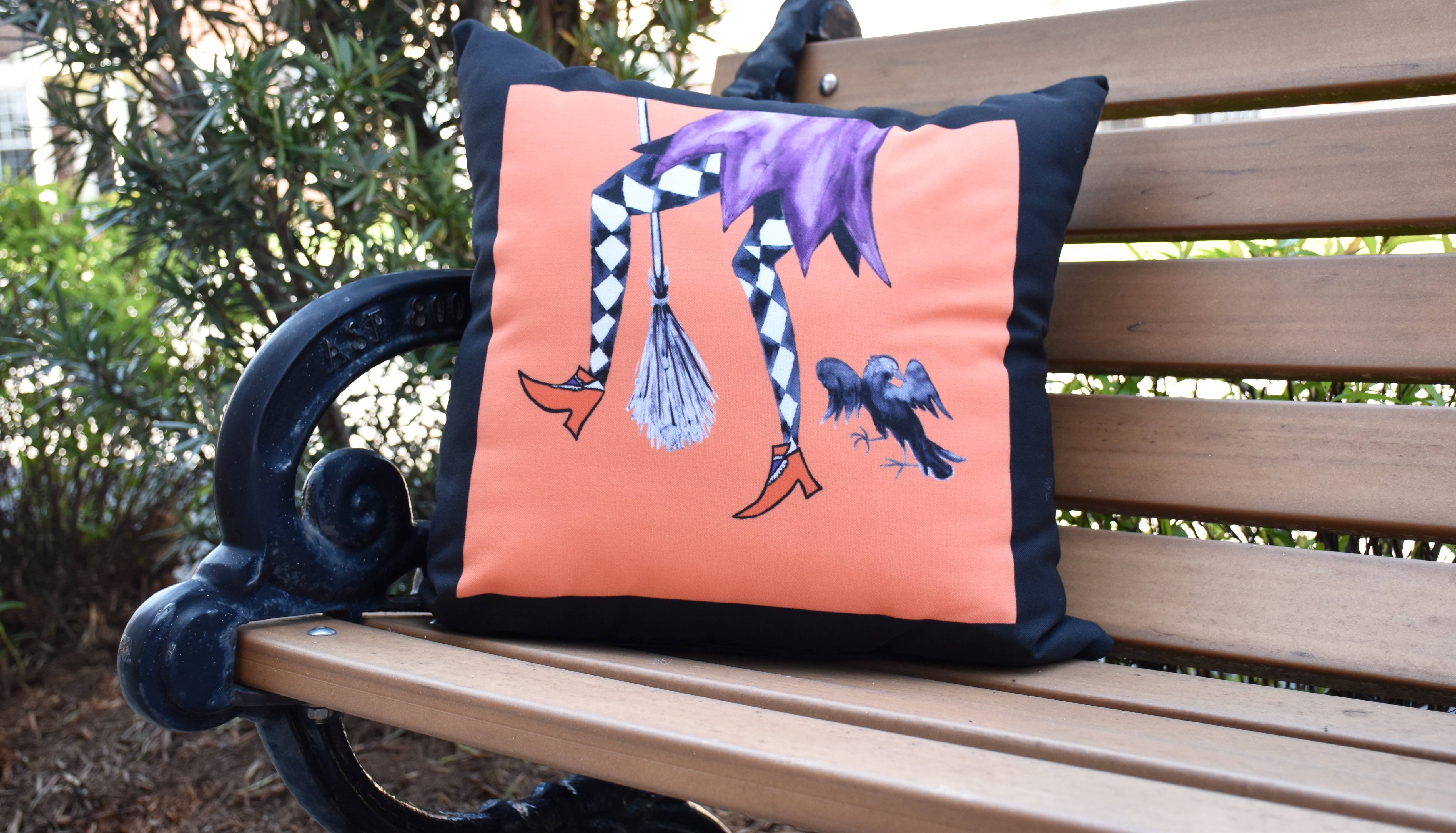 Simply Daisy, 18" x 18" Fly Away Witch Orange Halloween Print Decorative Throw Pillow