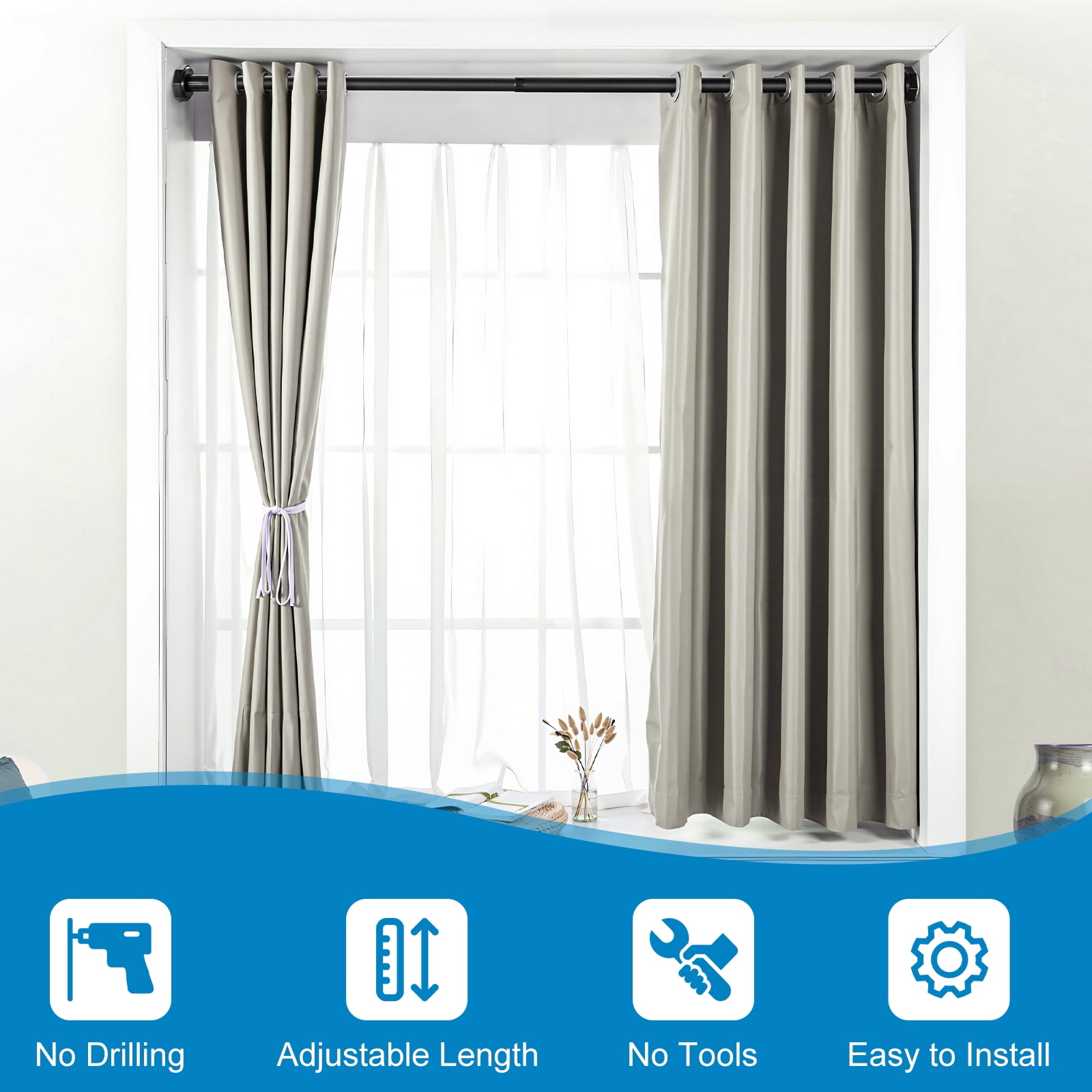 BEAMNOVA No Drill Telescopic Shower Curtain Rods, 44"-75" Adjustable Tension Rod, Rust-Resistant Stainless Steel for Windows Bathroom, Black (1 Pack)