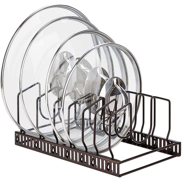 Organizador de Sartenes y Ollas, Soporte Sartenes de Tamaño Ajustable, Estante de Sartenes con 10 Compartimientos para Almacenar Tapas de Ollas, Platos, Color Marrón