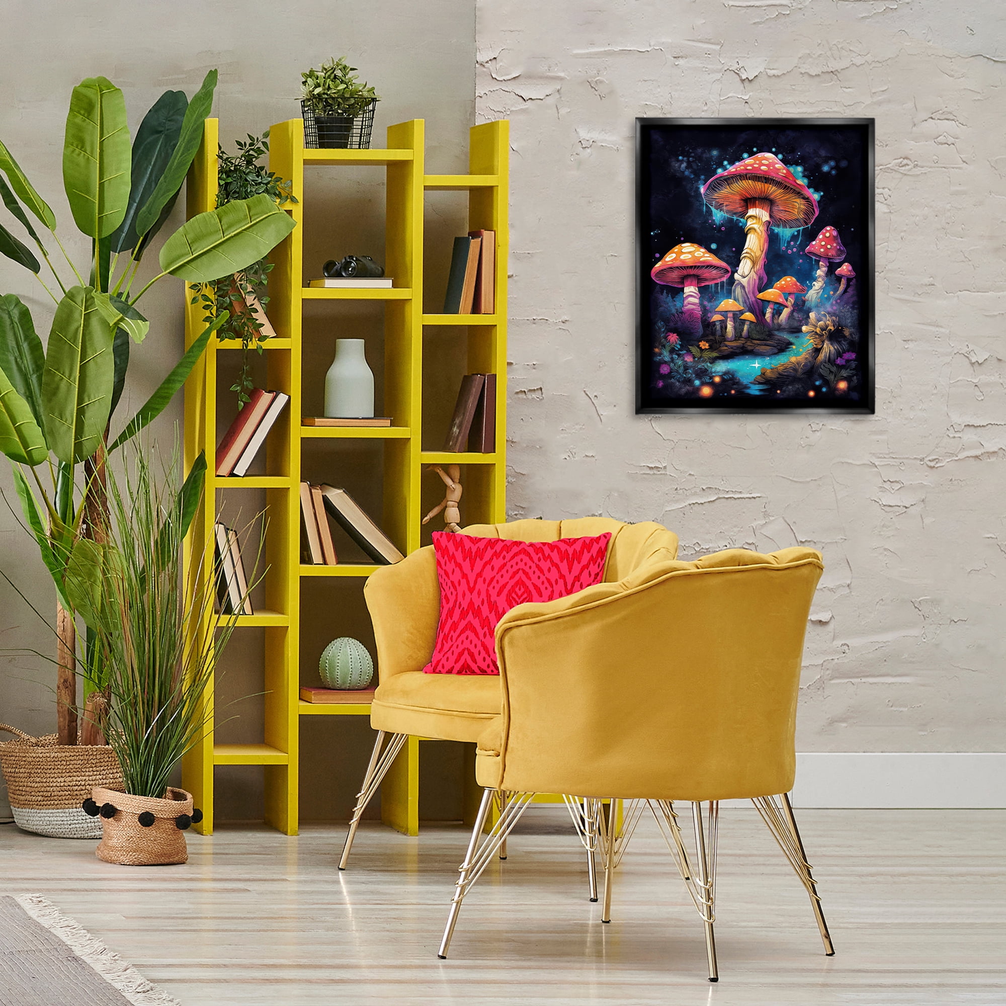 Stupell Industries Psychedelic Mushroom Scene Landscape & Nature Painting Black Floater Framed Canvas Art Print Wall Art, 17 x 21