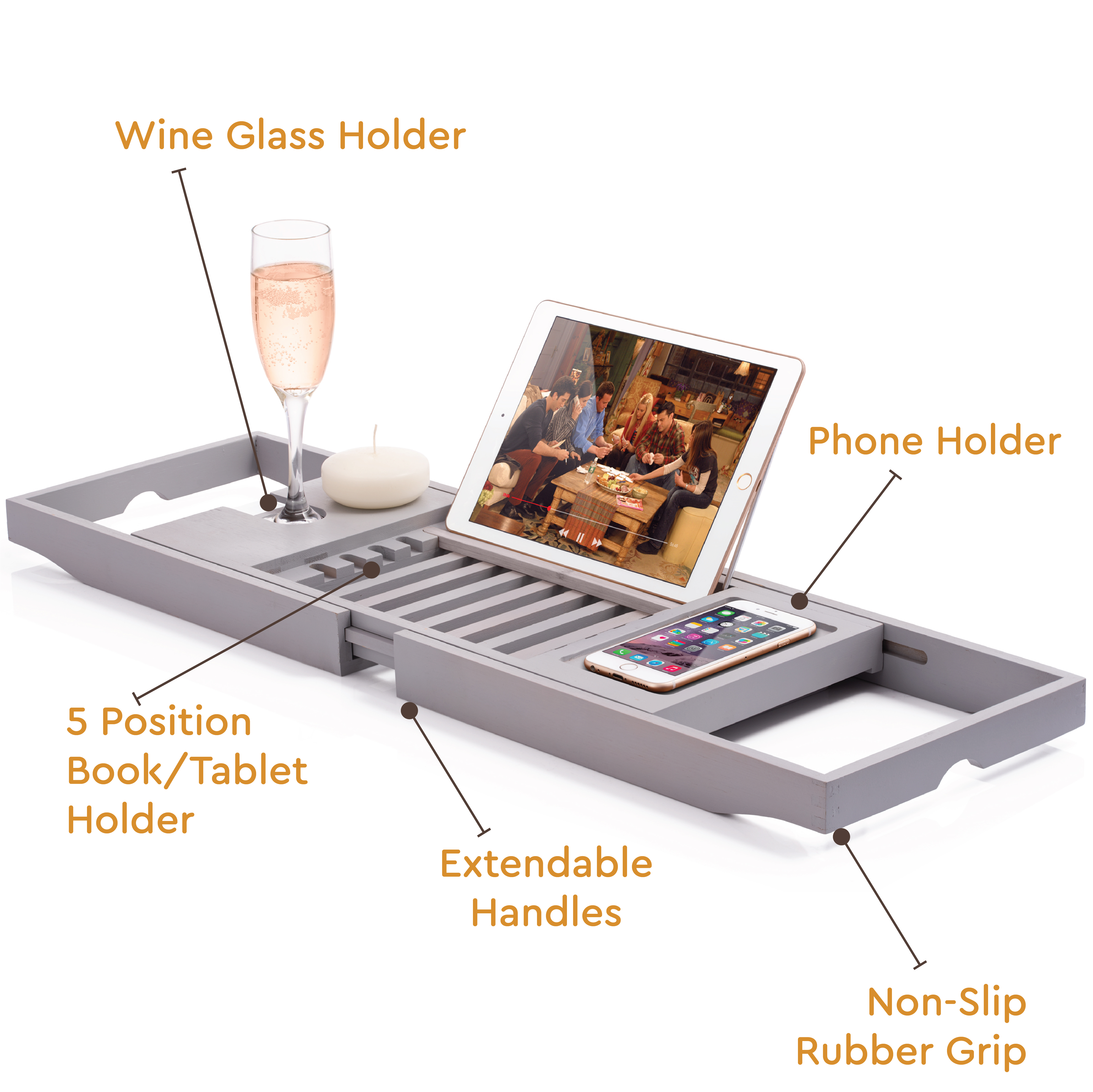 Bathtub Caddy with Extendable Sides, Wine Glass Holder, Book Stand and Phone Tray