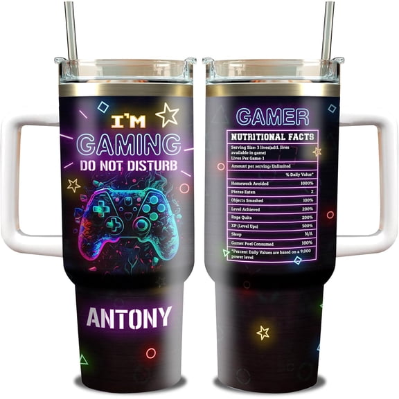 Personalized Gamer Tumbler Nutrition Facts Customized Gaming Tumbler 40oz with Handle and Straw Insulated Travel Mugs Birthday Christmas Gifts for Video Game Lovers Pro Gamers Men Women