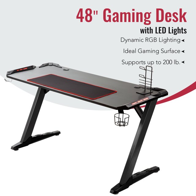 Bestco 48" Gaming Table Z Shaped Gaming Desk w LED Lights & Large Mouse Pad, Black