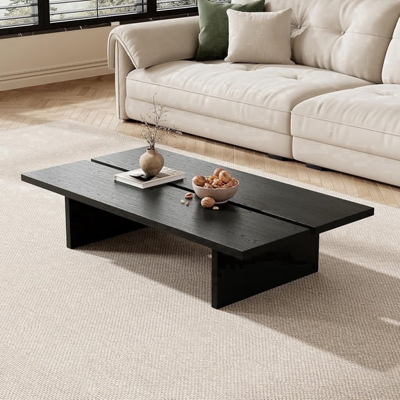 FHKJ 47.2" Modern Black Coffee Table for Living Room, Rectangular Wood Center Table, Minimalist Dark Wooden Furniture