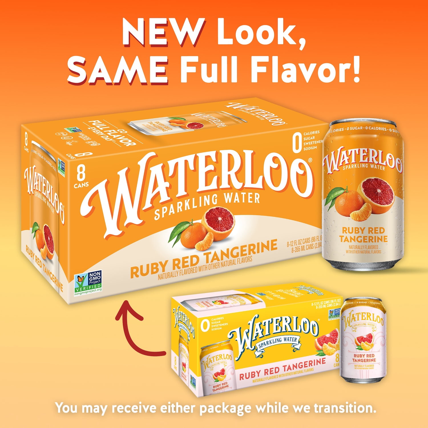 (3 pack) Waterloo Sparkling Water, Ruby Red Tangerine, 12 fl oz, 8 pack cans
