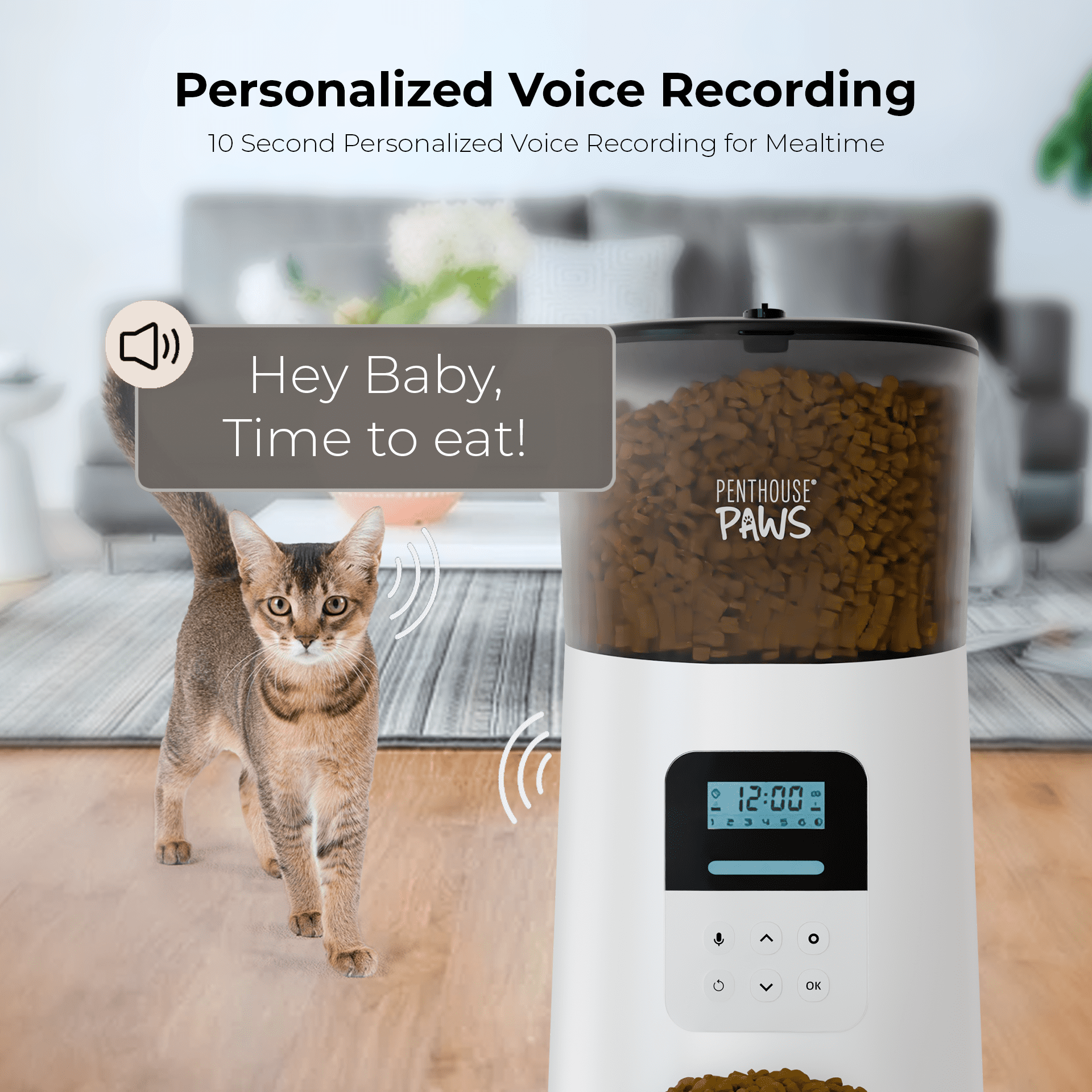 Penthouse Paws® Automatic Pet Food Feeder, 6L Capacity, LCD Panel, Voice Recording, Twist-Lock Seal, Backup Power, 15 Meals/Day, White, for Cat & Dog