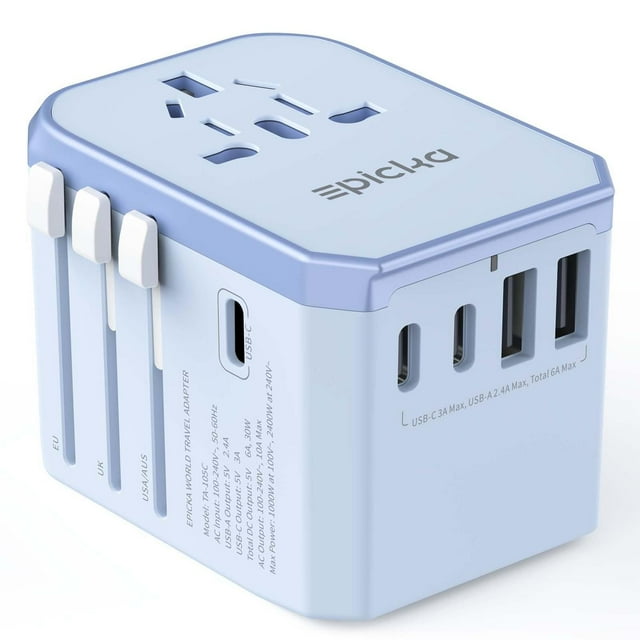 Adaptador Universal de Viaje EPICKA Azul con 3 Puertos USB-C y 2 USB-A para UE Reino Unido y AUS
