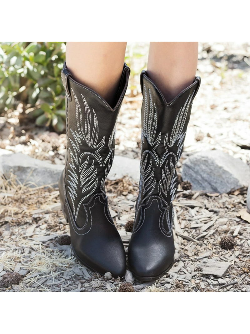 fax Tren Huerta Lacyhop Women Vintage Mid Calf Boots Pointed Toe PU Western Booties Anti  Slip Garden Casual Shoes - Walmart.com