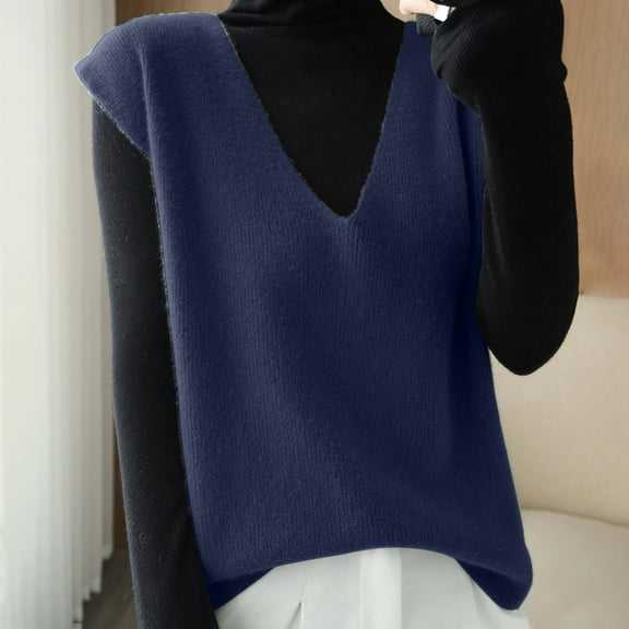 Womens Deep V Neck Sweater Vest Knitted Tank Tops Sleeveless Sweater (Navy L)