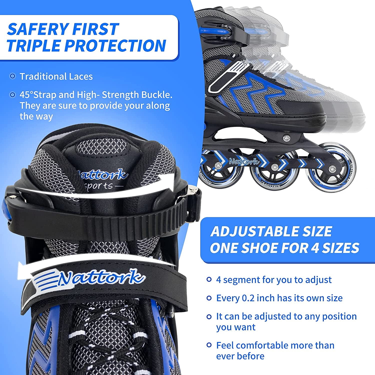 SubSun Inline Skates for Adults Men Women Adjustable Aggressive Durable Roller Blades with Giant Wheels Blue S