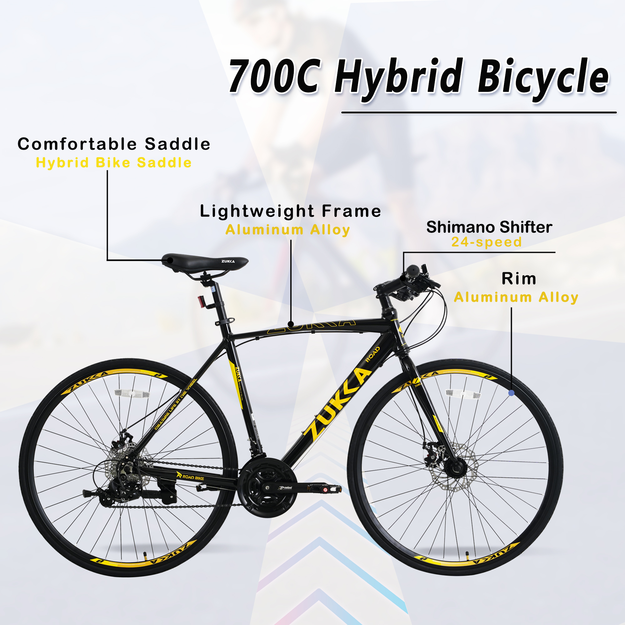 Zukka Road Bike 700C 24 Speed Aluminum Alloy Frame Bicycle for Unisex Adult Hybrid Bike Black - image 2 of 6