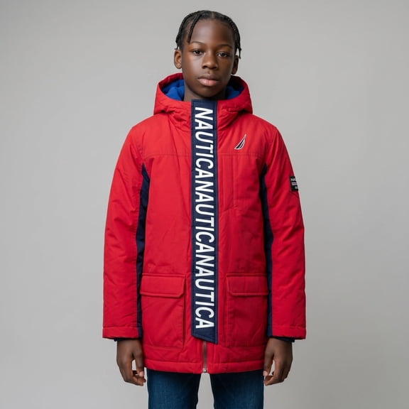 Nautica Boys Full Zip Winter Jacket Size 8 Red-Blue Hooded Water Resistant