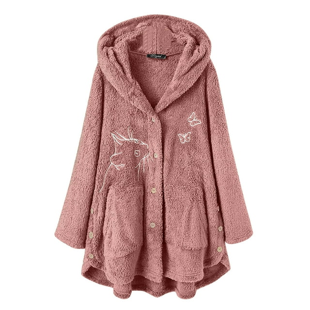 Women Solid Color Coat Long Sleeve Cardigan Fluffy Jacket Windproof Outer Coat Button Down Overcoat Warm Winter Overcoat