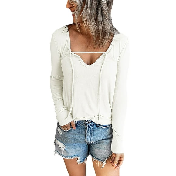LAPA Women's Deep V Neck Long Sleeves Solid Color Drawstring Sweatshirt Loose Tops Blouses