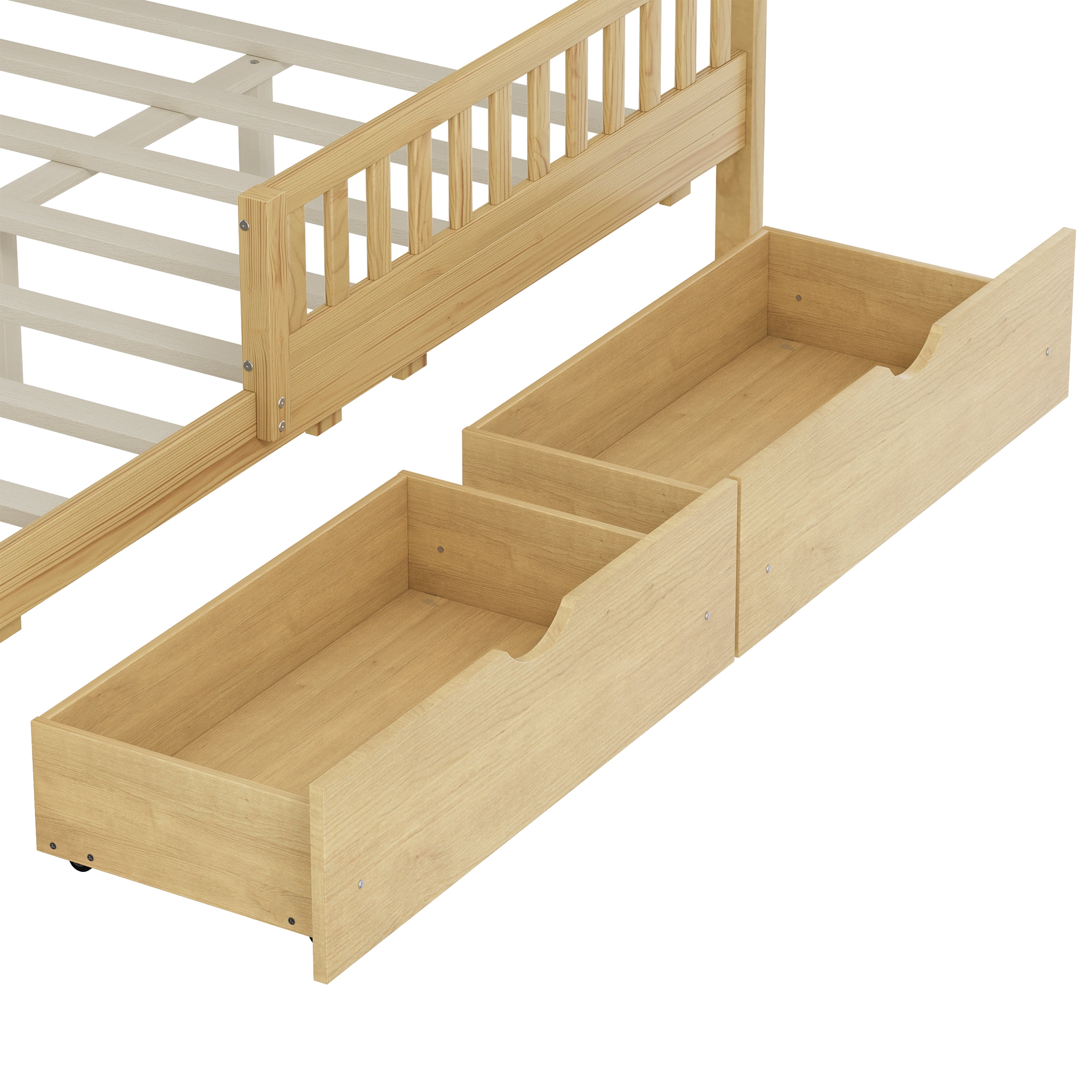 Euroco Wood Full Size Platform Bed with Guardrails and Drawers for Kids Teens Toddlers, Natural