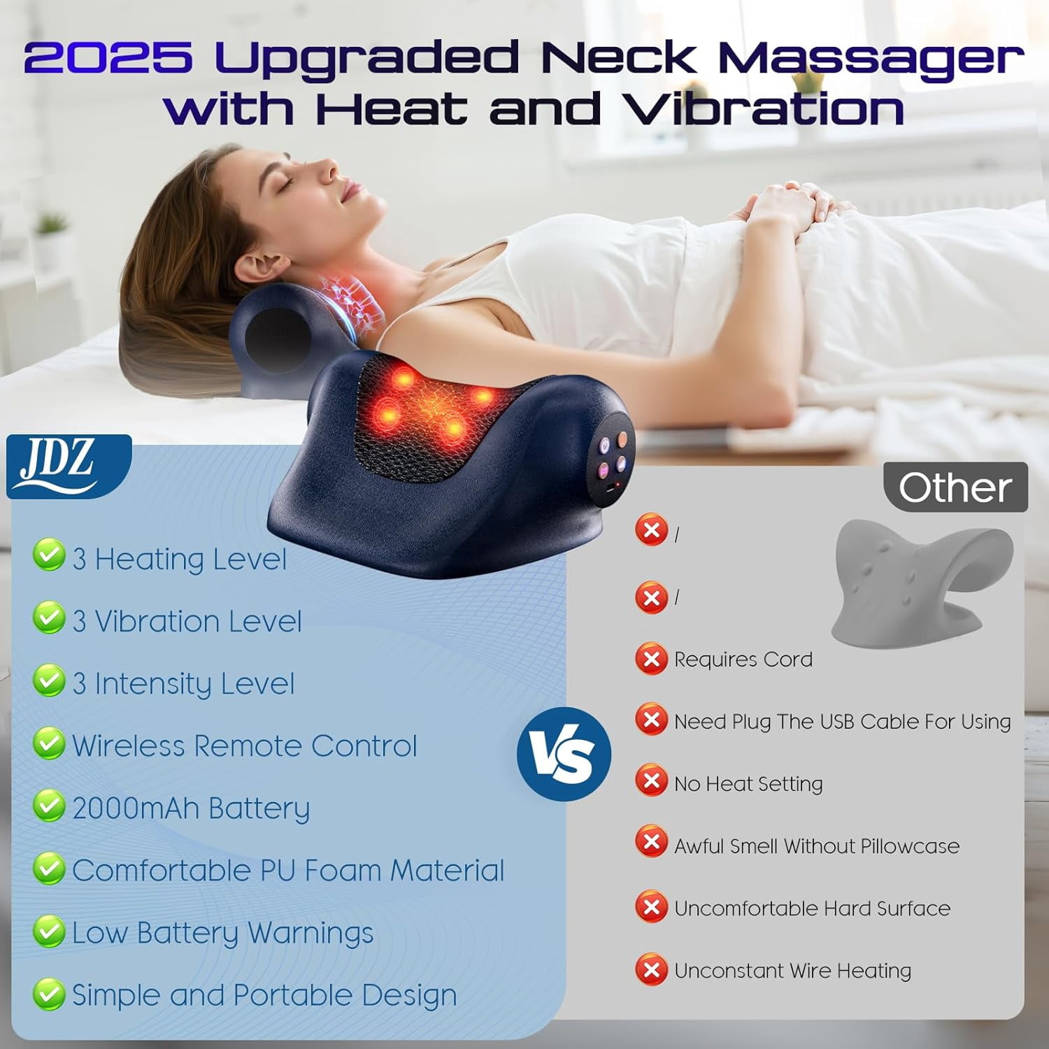 Neck Massager with Heat, 3-in-1 Electric Cervical Massager for Pain Relief & Hot Compress, Ergonomic Neck and Shoulder Relaxer Stretcher - Ideal Gift for Office Workers, Athletes & Everyone, Blue