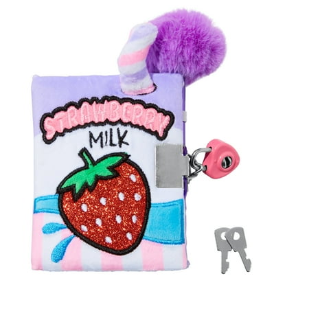 Claire's Strawberry Milk Fuzzy Mini Diary with Lock and Key, 25 Pages, Children's