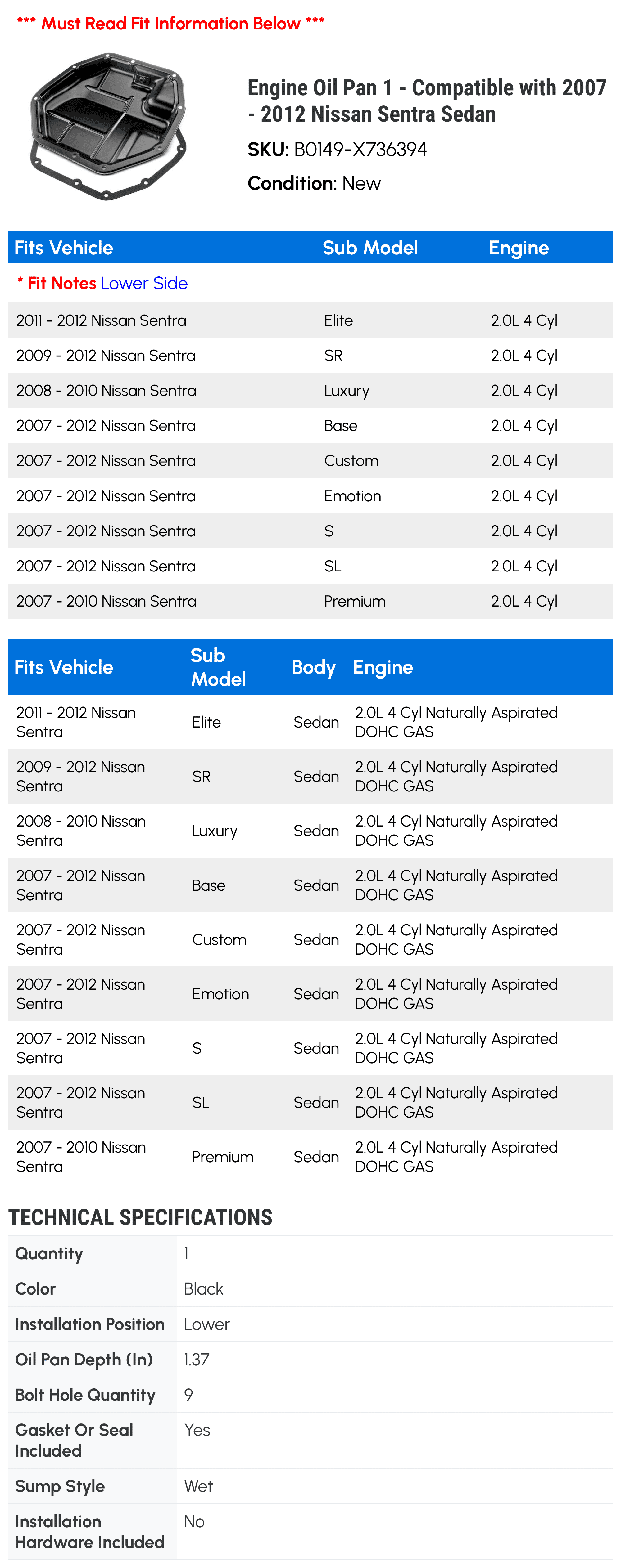 Engine Oil Pan 1 - Compatible with 2007 - 2012 Nissan Sentra Sedan - Autopart Premium