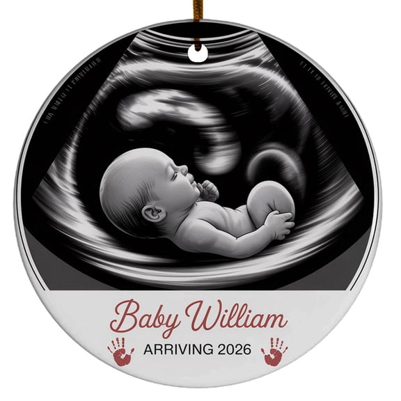 Baby Arriving 2026 Christmas Ornament, Bump's First Christmas, Custom Name Text & Year, Circle Christmas Ornament