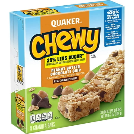Quaker Peanut Butter Chocolate Chip Chewy Granola Bars Reduced Sugar 0.84 Ounce 8 Count (Pack Of 6)